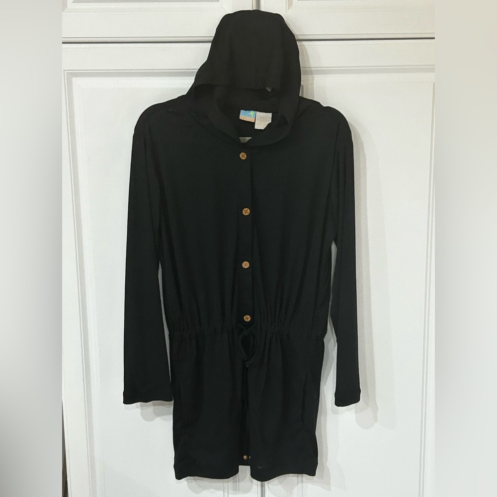 Le Cove Black Hooded Beach Cover Up Dress Drawstring Waist Large
